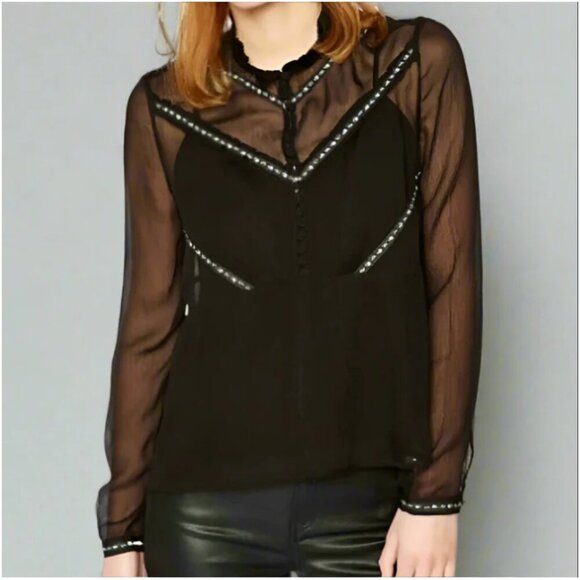 The Kooples Women’s XS Black Floral Ruffle Top Long Sleeve Mock Neck Whimsigoth - Picture 1 of 9